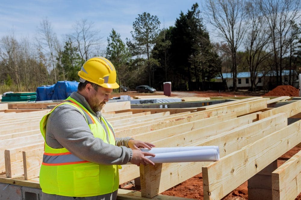 A construction worker is holding papers on the job site.